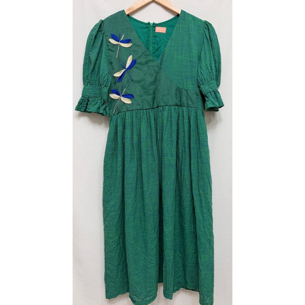 Iymbulan Green Dragonfly Embroidered V-Neck Midi Dress Puffed Sleeve Medium